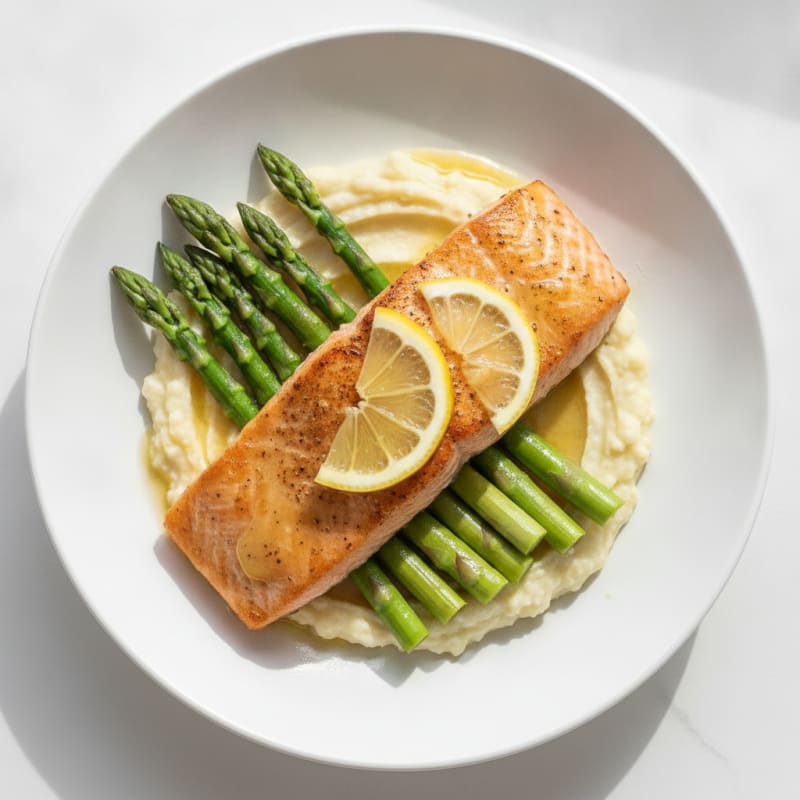 Seared Salmon Fillet with Steamed Asparagus and Cauliflower Mash
