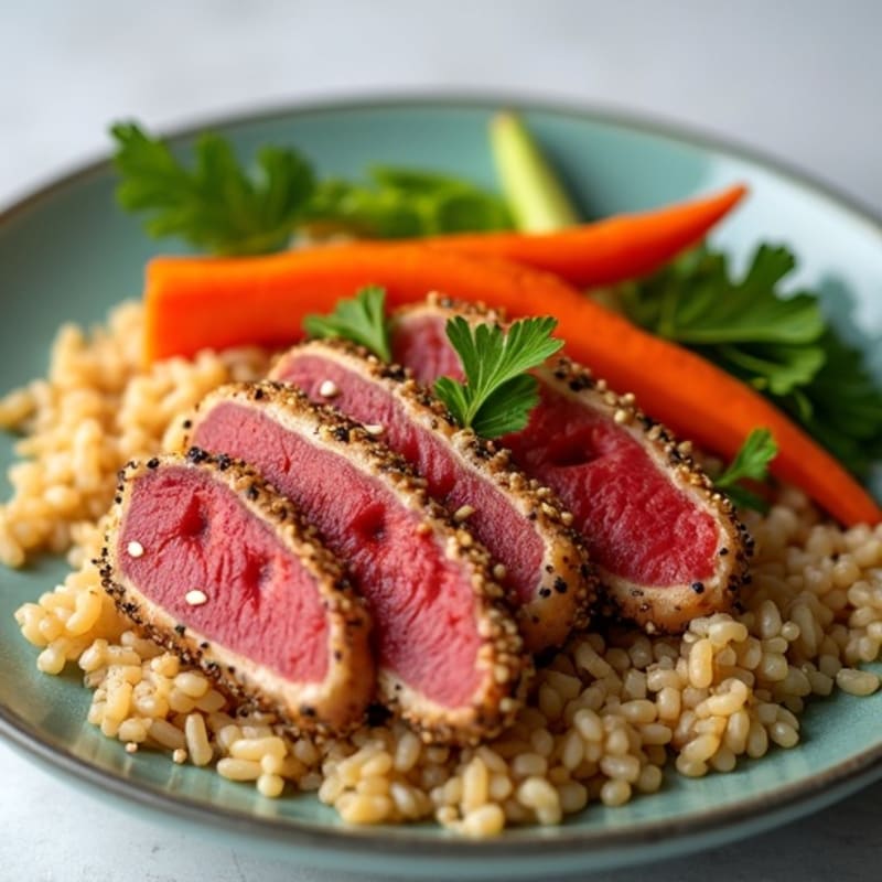 Sesame-Marinated Tuna with Brown Rice and Fresh Vegetables