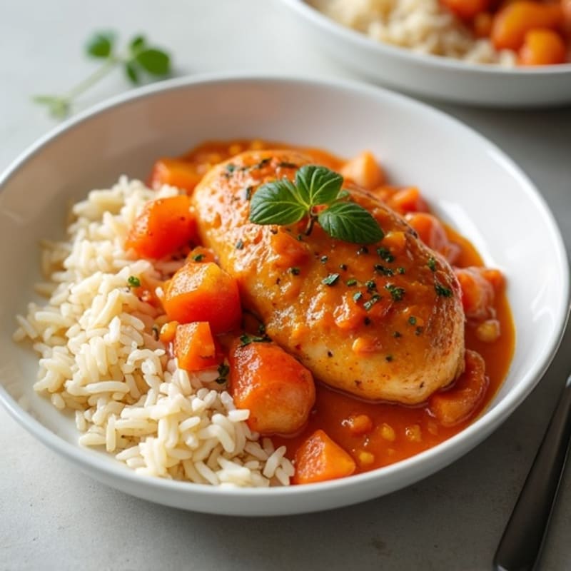 Spiced Chicken with Creamy Tomato Coconut Sauce and Fluffy Rice