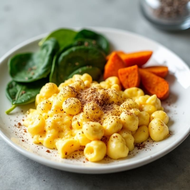 Fluffy Scrambled Eggs with Crispy Roasted Sweet Potatoes and Spinach