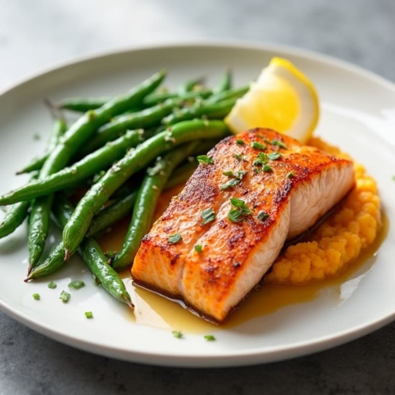 Seared Salmon with Steamed Green Beans and Mashed Sweet Potato