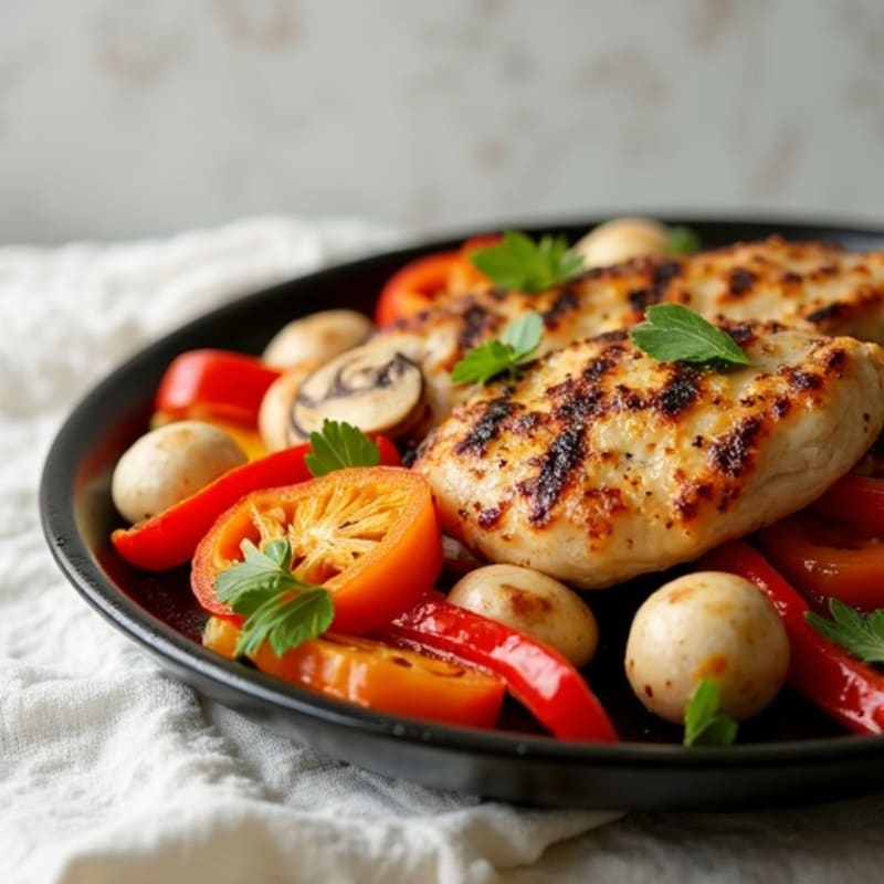Garlic Herb Roasted Bell Peppers and Mushrooms with Grilled Chicken
