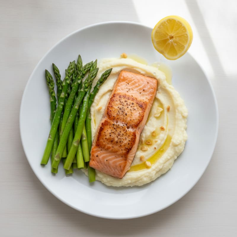 Seared Salmon Filet with Steamed Asparagus and Cauliflower Mash