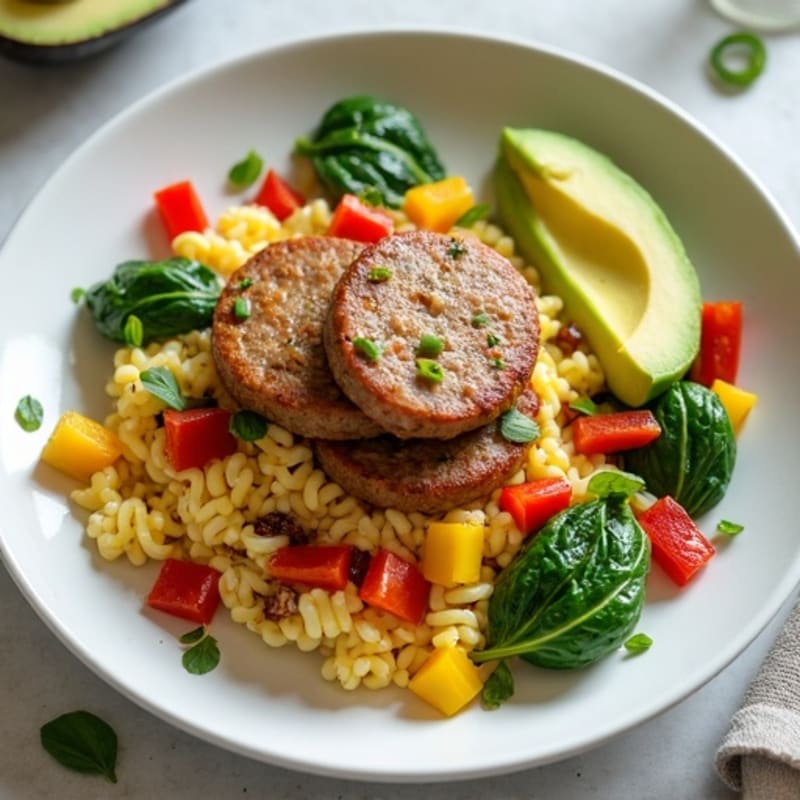 Egg White Spinach Scramble with Turkey Sausage and Sautéed Bell Peppers