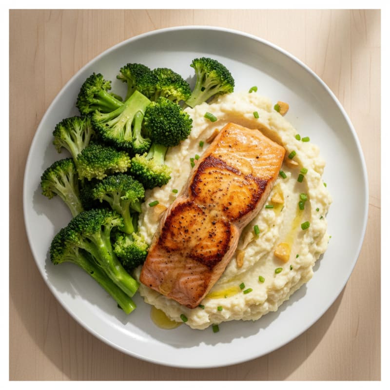 Seared Salmon with Steamed Broccoli and Garlic Cauliflower Mash