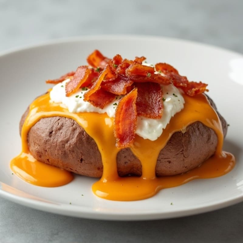 Loaded Baked Sweet Potato with Crispy Turkey Bacon and Creamy Cheddar Sauce