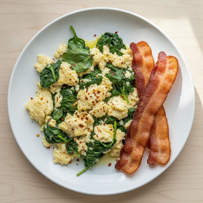 Spicy Scrambled Egg Whites with Sautéed Spinach and Turkey Bacon