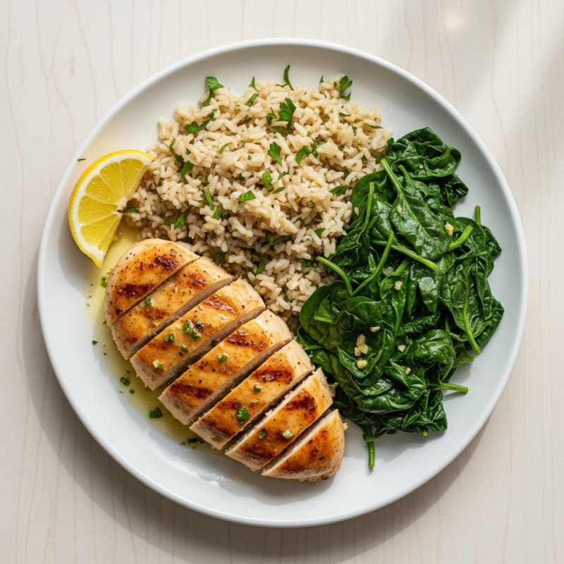 Seared Chicken Breast with Herb Rice and Sautéed Spinach