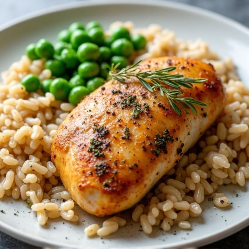 Herb-Roasted Chicken with Fluffy Rice and Garden Peas