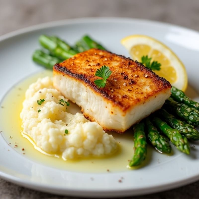 Seared Cod with Steamed Asparagus and Cauliflower Mash