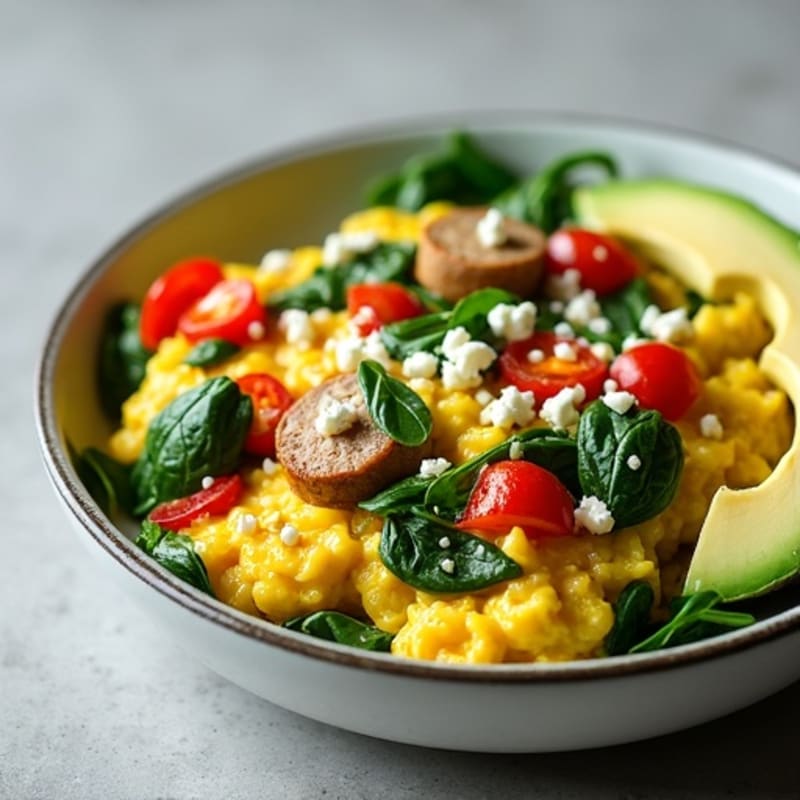 Egg White and Turkey Sausage Scramble with Spinach, Feta, Bell Pepper & Avocado
