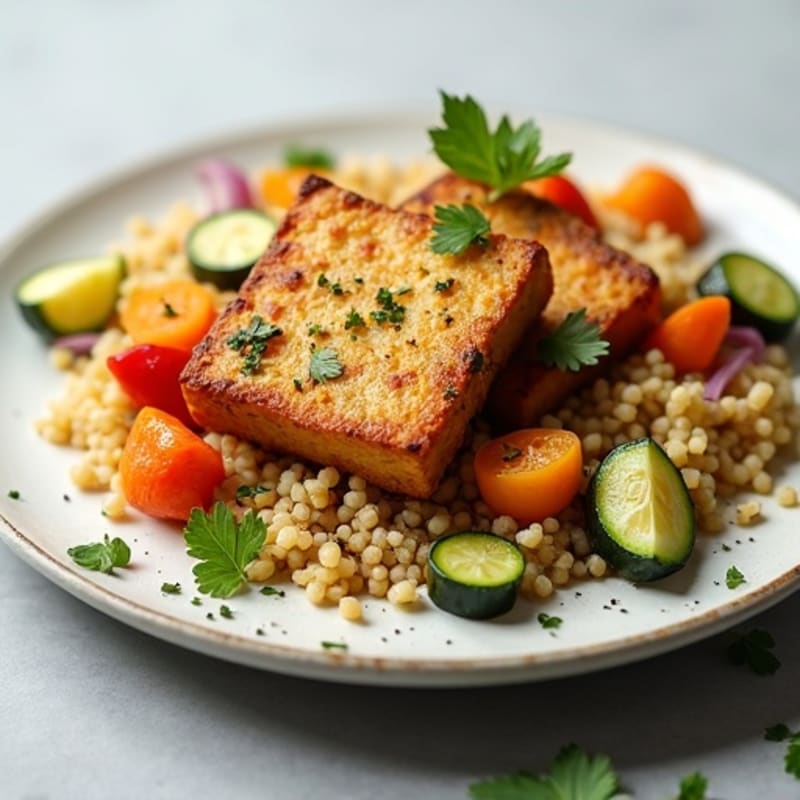 Crispy Tofu with Herbed Couscous and Roasted Vegetables