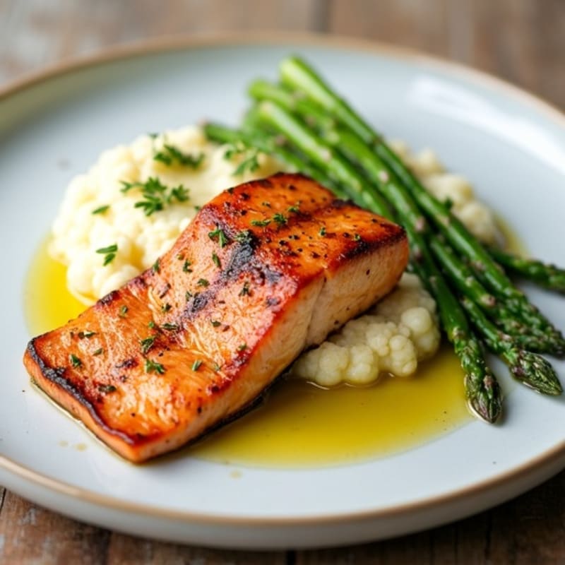 Seared Salmon with Steamed Asparagus and Cauliflower Mash