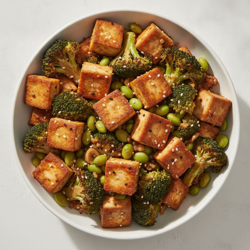 Seared Tofu with Roasted Broccoli and Edamame Stir Fry