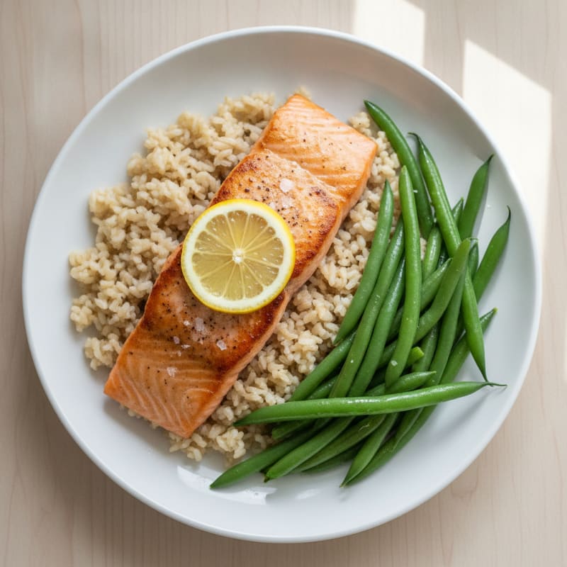Seared Salmon Fillet with Steamed Green Beans and Brown Rice
