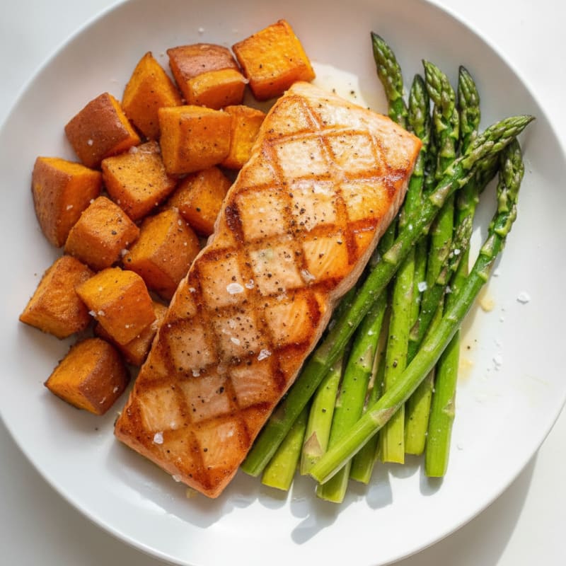 Seared Salmon with Roasted Sweet Potatoes and Asparagus
