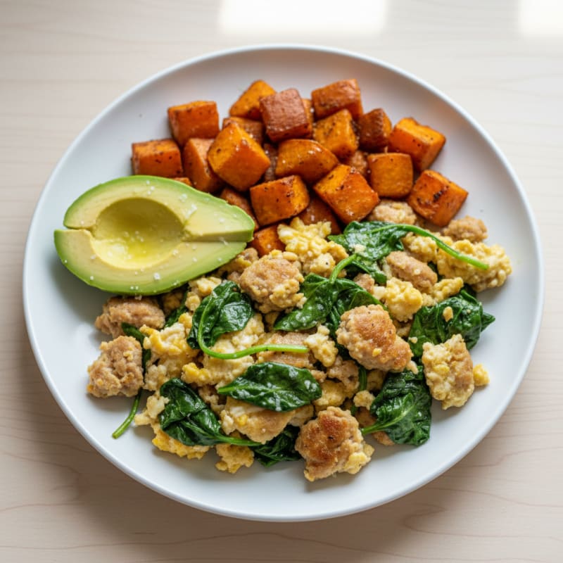 Egg White Scramble with Turkey Sausage and Sautéed Spinach
