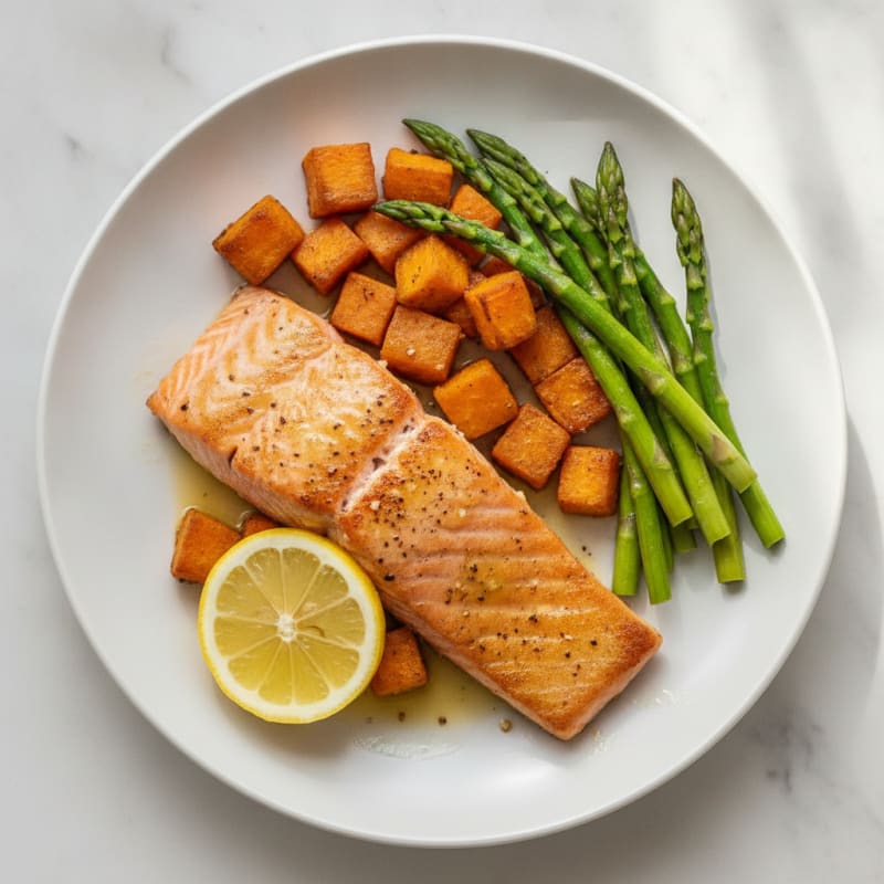 Seared Salmon Fillet with Roasted Sweet Potato and Asparagus