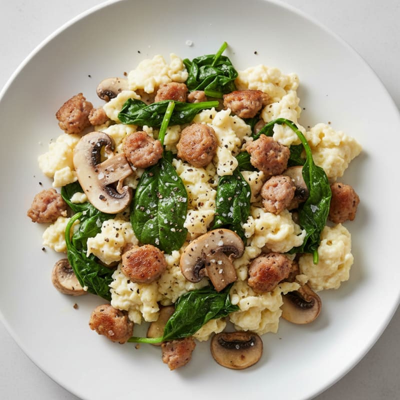Egg White and Turkey Sausage Scramble with Spinach and Mushrooms