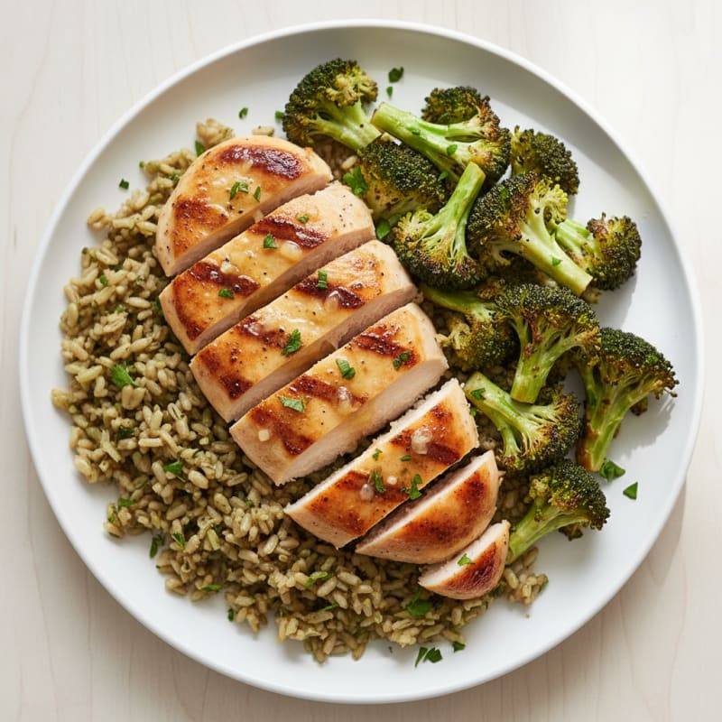 Seared Chicken Breast with Herb Rice and Roasted Broccoli