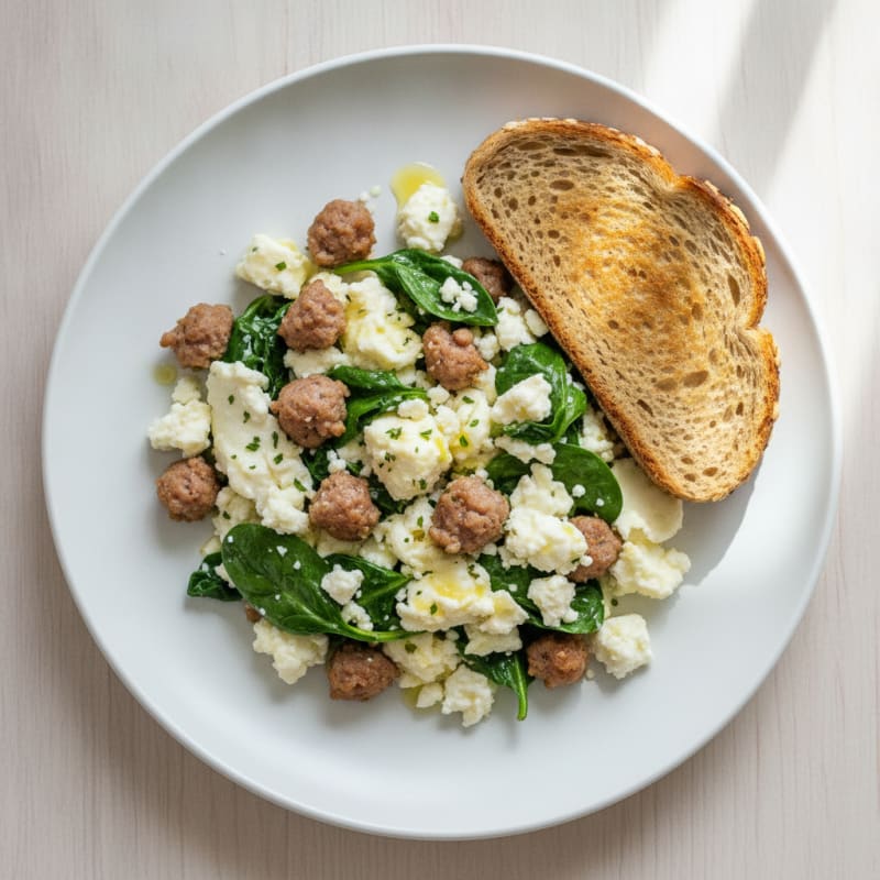 Egg White and Turkey Sausage Scramble with Spinach and Feta