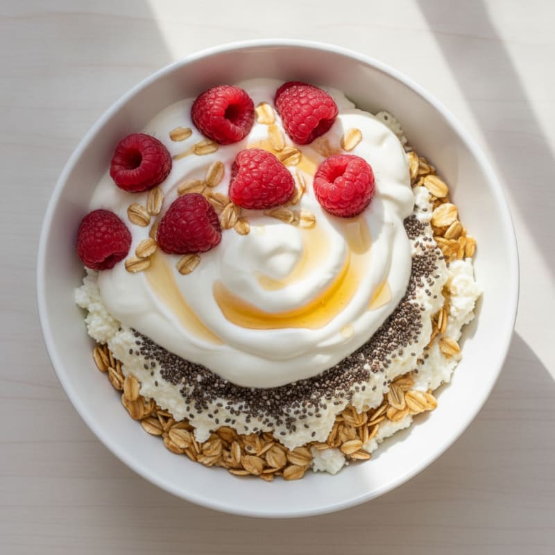 Greek Yogurt Protein Parfait with Oats, Chia, Coconut Cream, and Honey