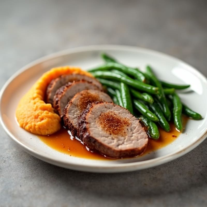 Cocoa-Spiced Pork Tenderloin with Creamy Sweet Potato Puree and Crispy Green Beans