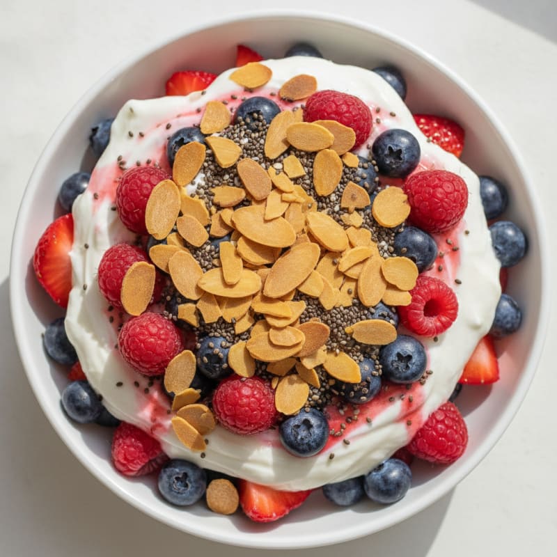Greek Yogurt Protein Parfait with Mixed Berries and Almonds