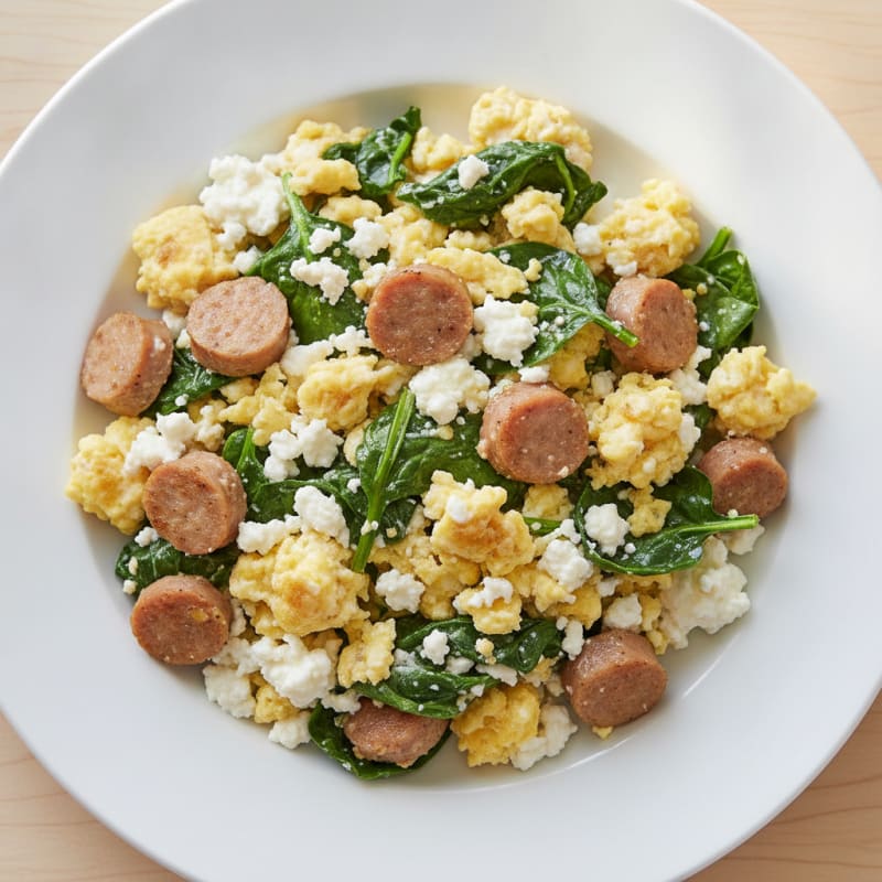 Cottage Cheese Egg Scramble with Spinach and Turkey Sausage