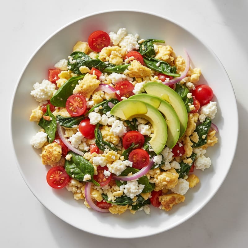 Cottage Cheese Veggie Scramble with Fresh Spinach and Cherry Tomatoes