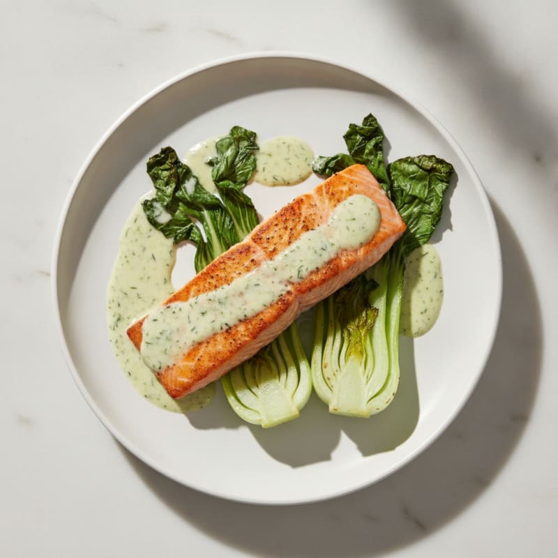 Pan-Seared Salmon with Dill Sauce and Roasted Bok Choy