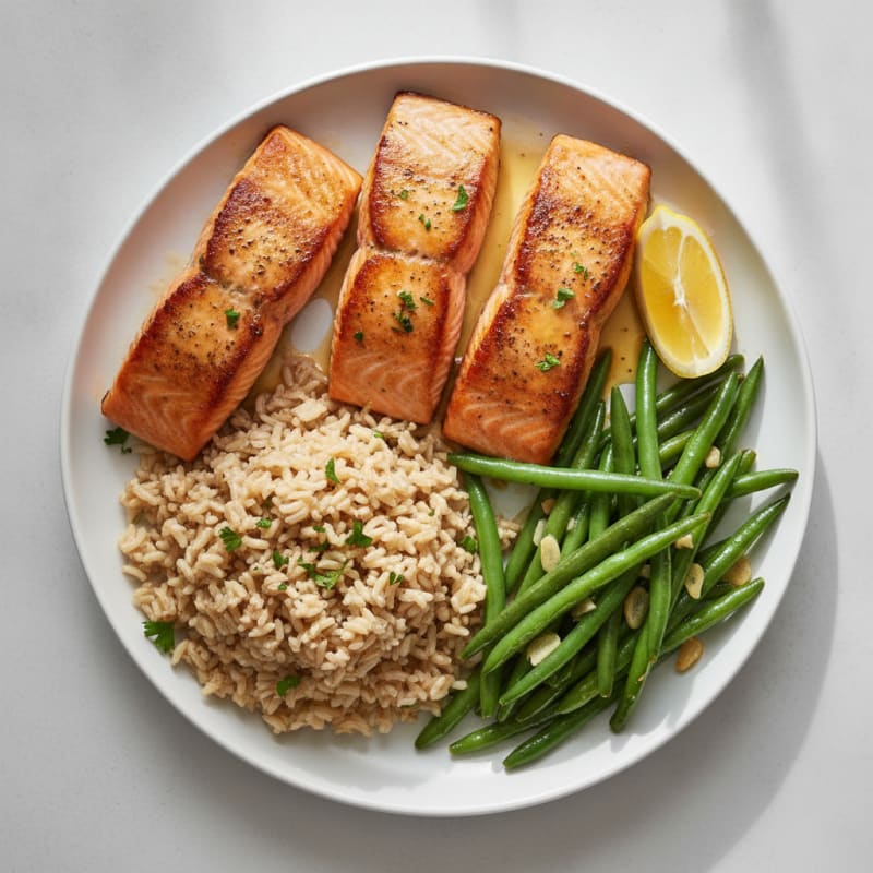 Seared Salmon with Garlic Green Beans and Brown Rice