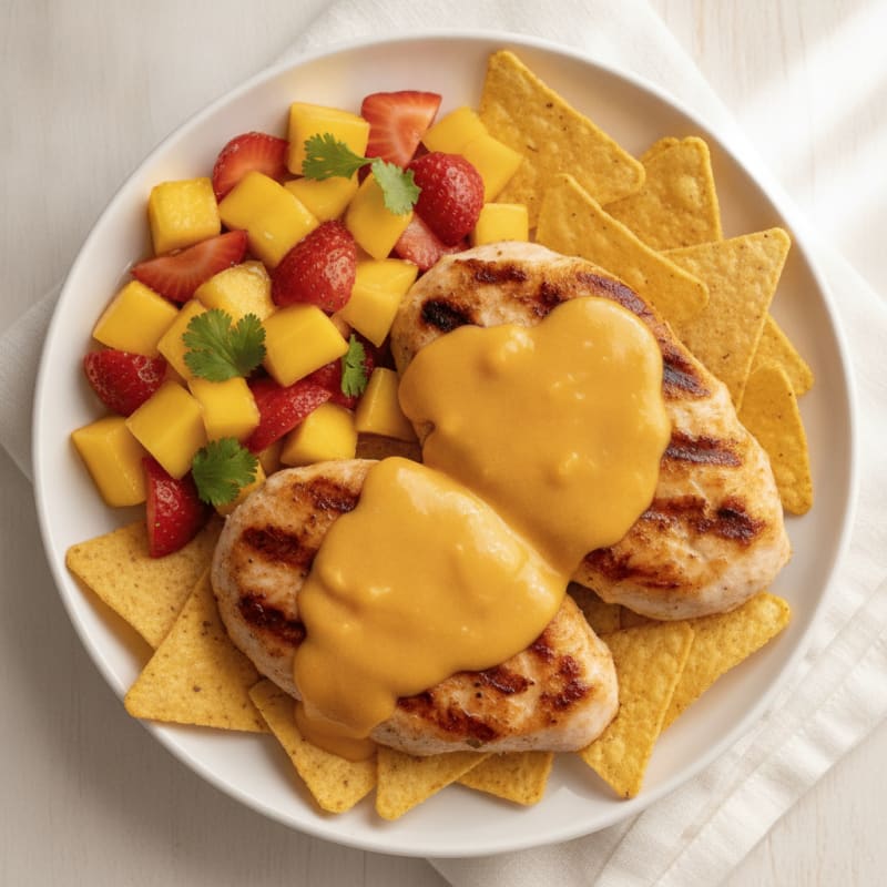 Seared Turkey Cutlets with Cheddar Cheese Sauce and Fruit Salsa