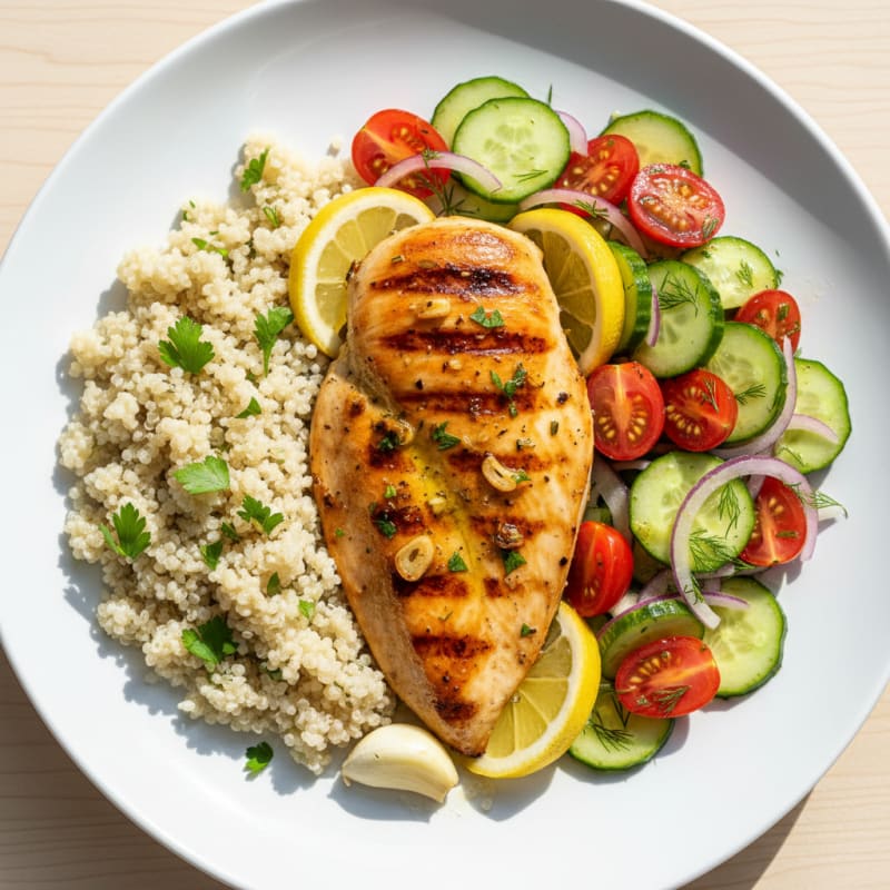 Grilled Lemon-Garlic Chicken Breast with Quinoa and Fresh Tomato Cucumber Salad