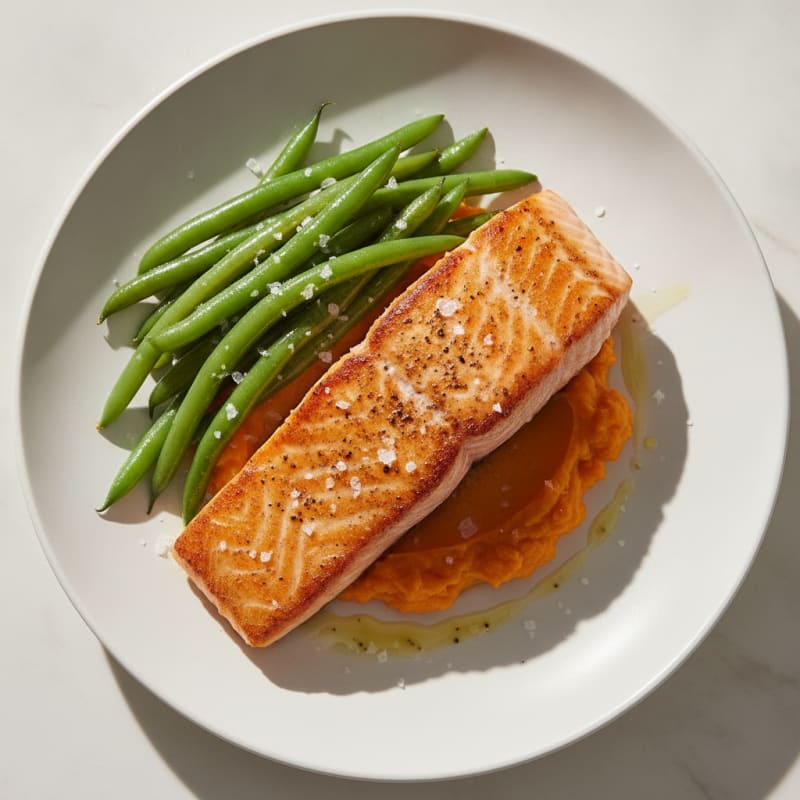 Seared Salmon with Steamed Green Beans and Sweet Potato Mash
