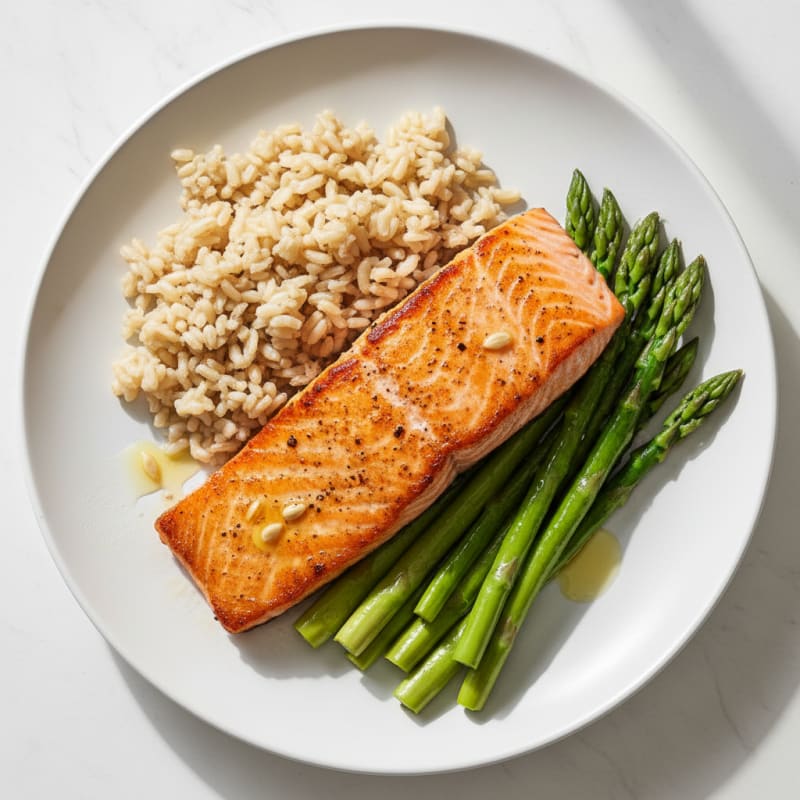 Seared Salmon with Steamed Asparagus and Brown Rice