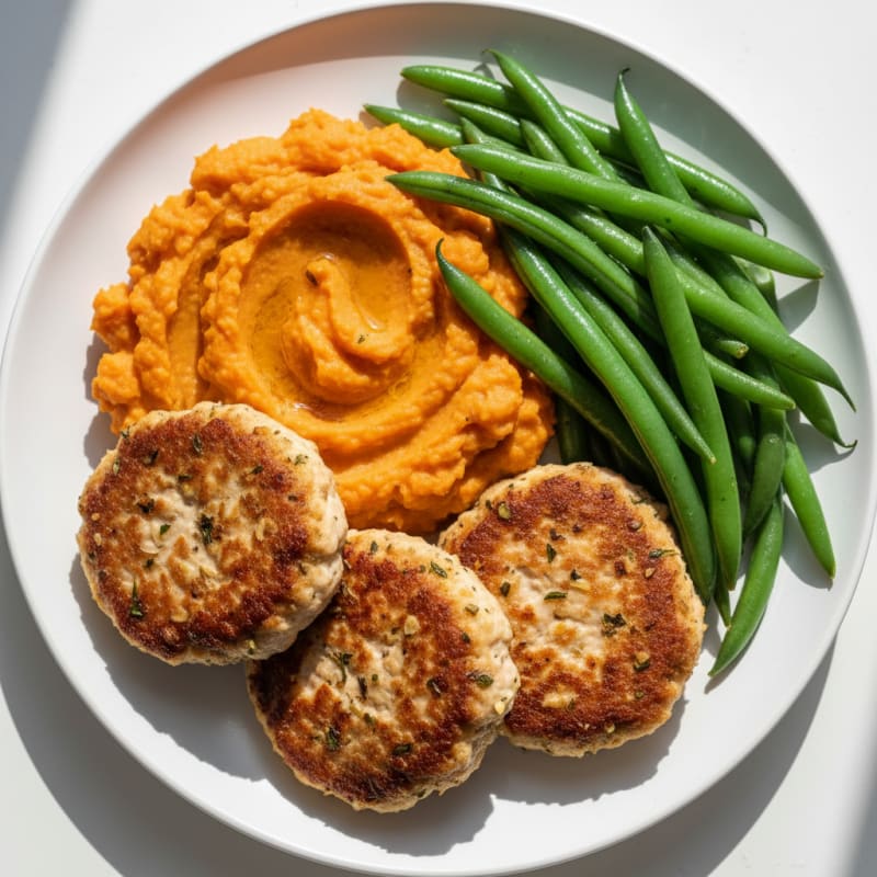 Seared Turkey Patties with Steamed Green Beans and Sweet Potato Mash