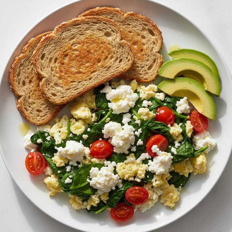 Cottage Cheese and Egg White Scramble with Sautéed Spinach and Cherry Tomatoes