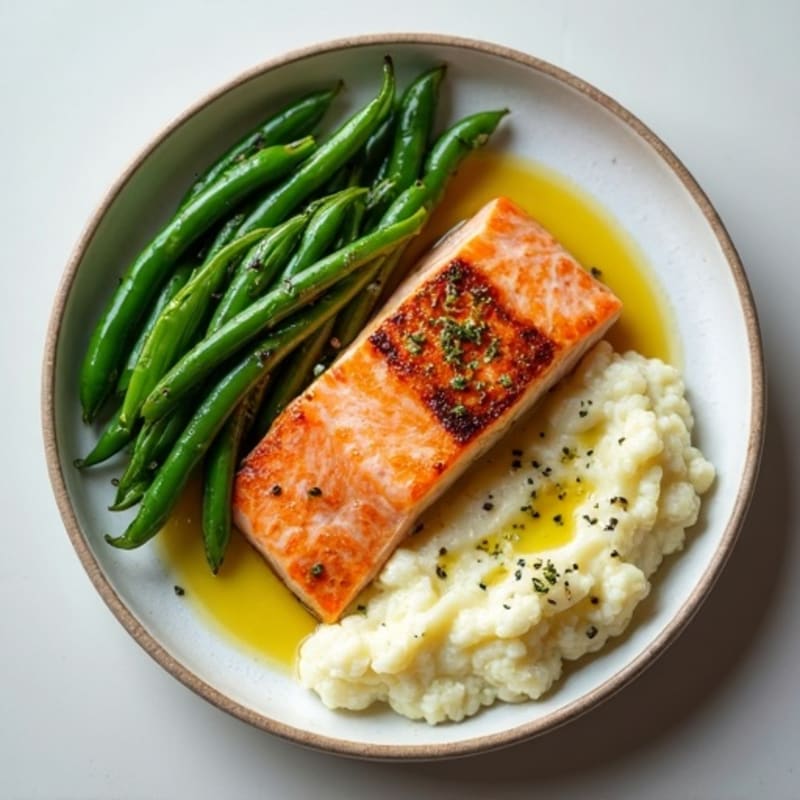 Seared Salmon with Garlic Green Beans and Cauliflower Mash
