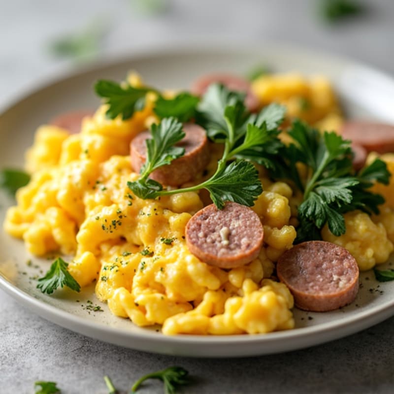 Creamy Scrambled Eggs with Turkey Sausage and Spinach