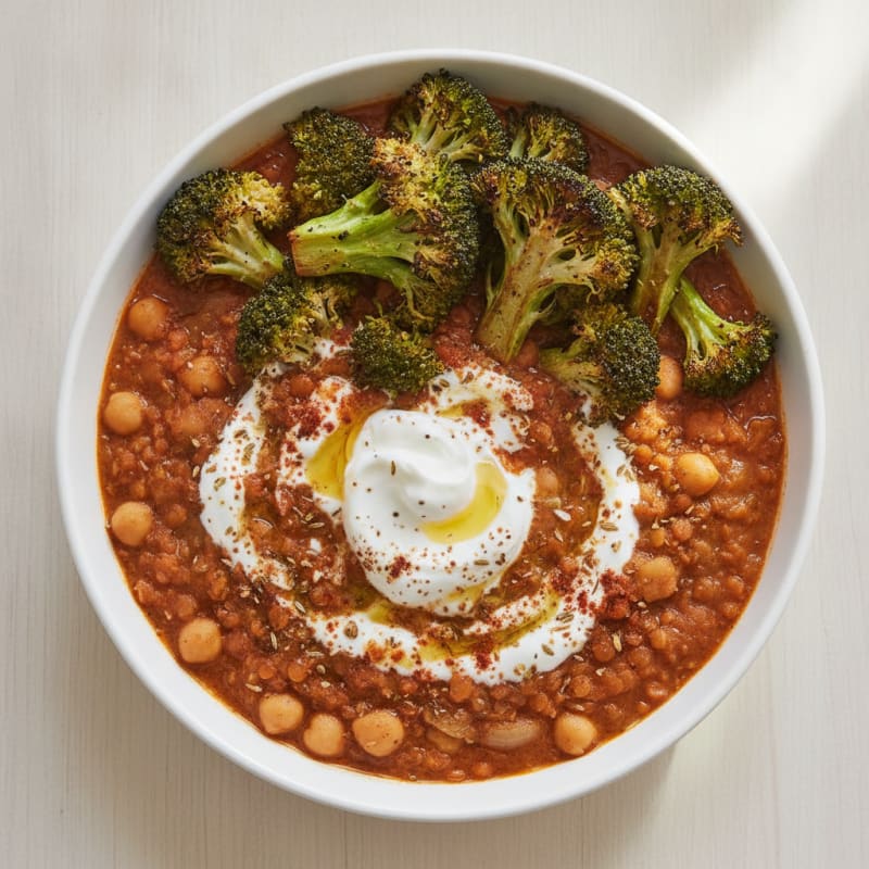 Creamy Lentil and Chickpea Stew with Roasted Broccoli