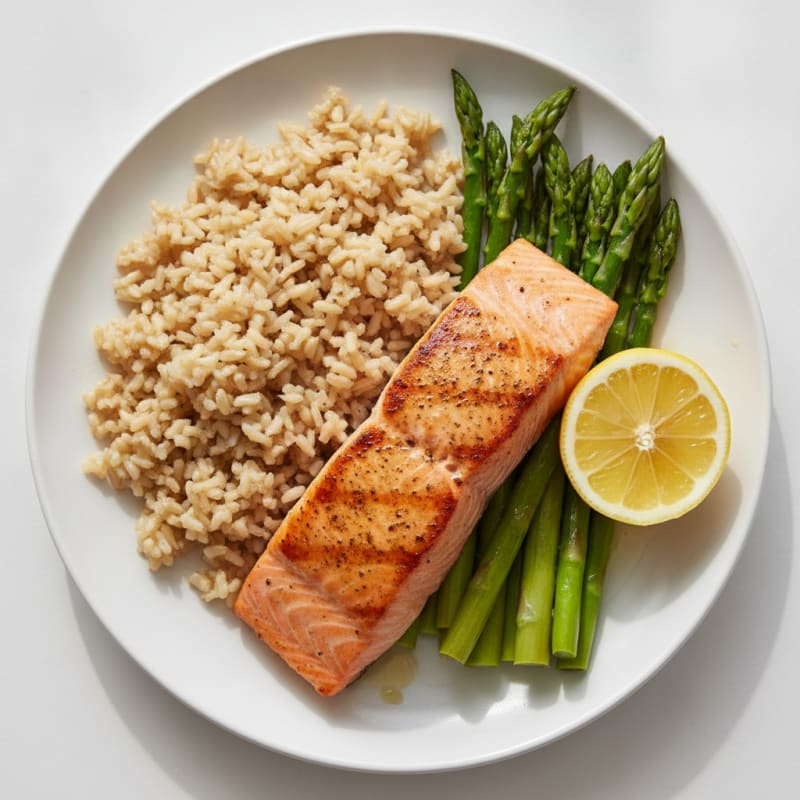 Seared Salmon with Steamed Asparagus and Brown Rice