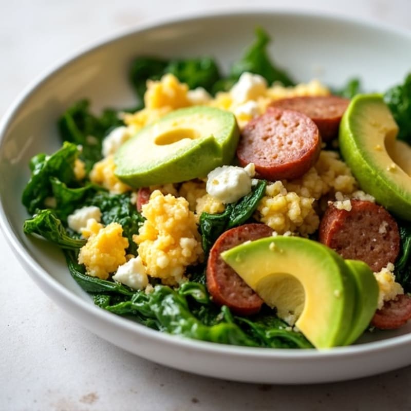 Egg White and Turkey Sausage Scramble with Cottage Cheese and Spinach