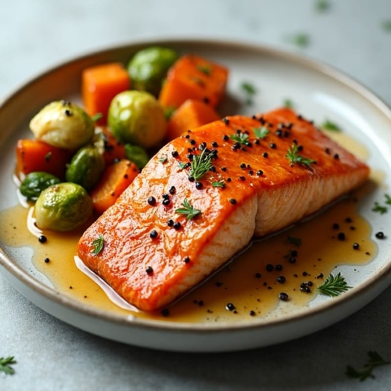 Maple Glazed Salmon with Crispy Roasted Brussels Sprouts and Sweet Potatoes