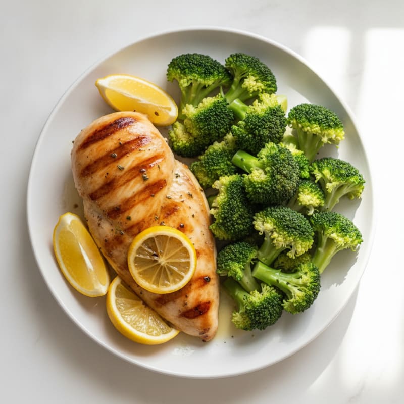Grilled Chicken Breast with Steamed Broccoli and Lemon