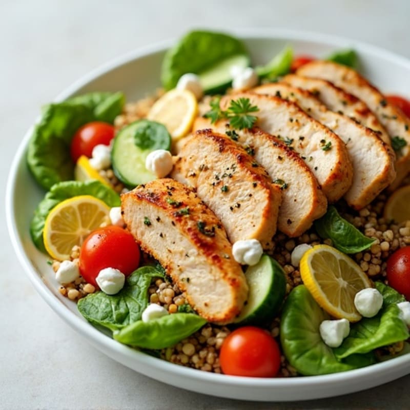 Grilled Chicken Breast Salad with Buckwheat, Lettuce, Tomato, and Cucumber