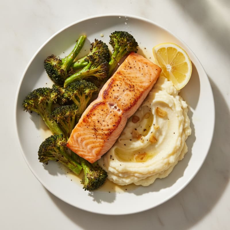 Seared Salmon with Roasted Broccoli and Garlic Mashed Cauliflower