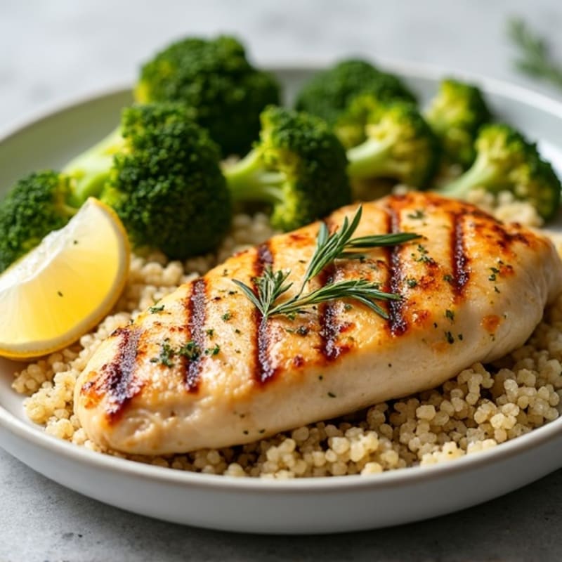 Grilled Lemon Herb Chicken Breast with Quinoa and Roasted Broccoli
