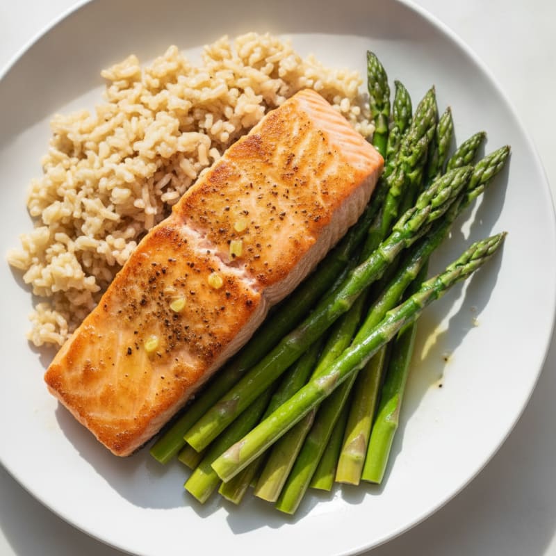 Seared Salmon with Steamed Asparagus and Brown Rice