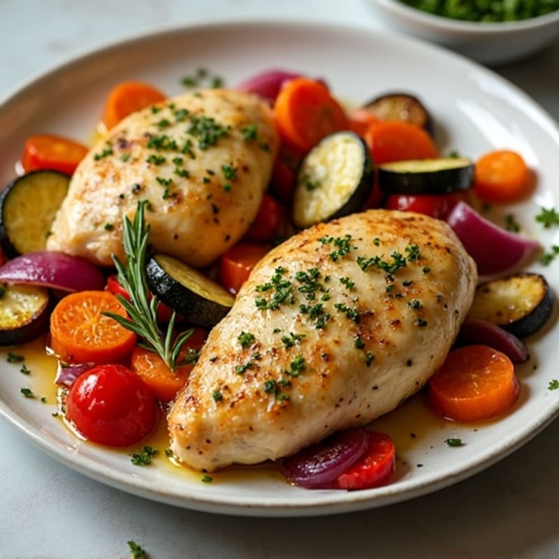 Herb-Crusted Sheet Pan Chicken with Roasted Rainbow Vegetables